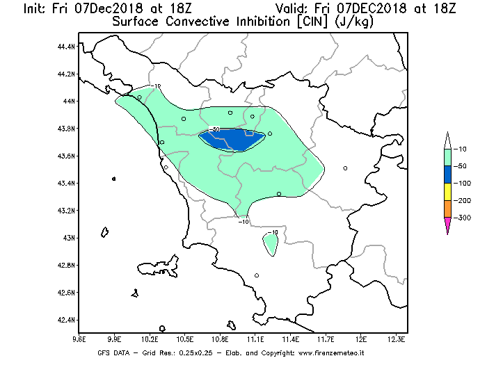Mappa di analisi GFS - CIN [J/kg] in Toscana
							del 07/12/2018 18 <!--googleoff: index-->UTC<!--googleon: index-->