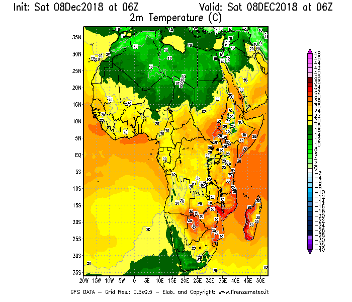 Mappa di analisi GFS - Temperatura a 2 metri dal suolo [°C] in Africa
							del 08/12/2018 06 <!--googleoff: index-->UTC<!--googleon: index-->