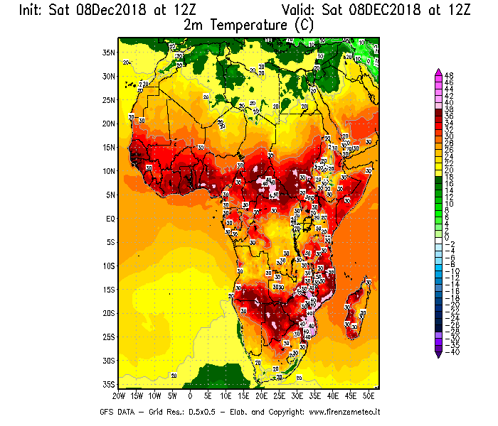 Mappa di analisi GFS - Temperatura a 2 metri dal suolo [°C] in Africa
							del 08/12/2018 12 <!--googleoff: index-->UTC<!--googleon: index-->