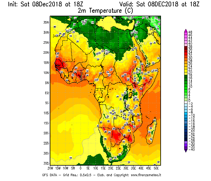 Mappa di analisi GFS - Temperatura a 2 metri dal suolo [°C] in Africa
									del 08/12/2018 18 <!--googleoff: index-->UTC<!--googleon: index-->