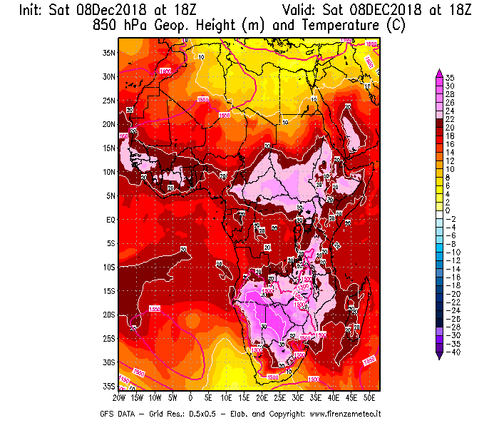 Mappa di analisi GFS - Geopotenziale [m] e Temperatura [°C] a 850 hPa in Africa
									del 08/12/2018 18 <!--googleoff: index-->UTC<!--googleon: index-->