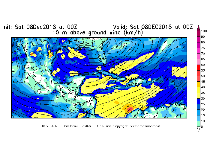 Mappa di analisi GFS - Velocità del vento a 10 metri dal suolo [km/h] in Centro-America
							del 08/12/2018 00 <!--googleoff: index-->UTC<!--googleon: index-->