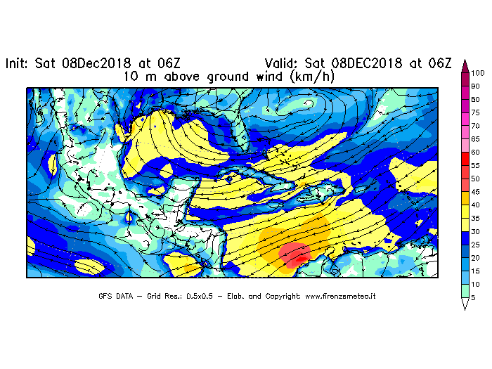 Mappa di analisi GFS - Velocità del vento a 10 metri dal suolo [km/h] in Centro-America
									del 08/12/2018 06 <!--googleoff: index-->UTC<!--googleon: index-->