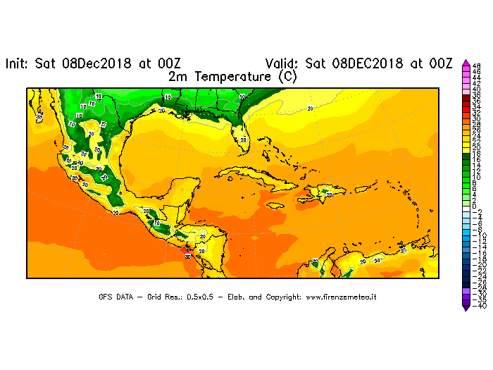 Mappa di analisi GFS - Temperatura a 2 metri dal suolo [°C] in Centro-America
									del 08/12/2018 00 <!--googleoff: index-->UTC<!--googleon: index-->