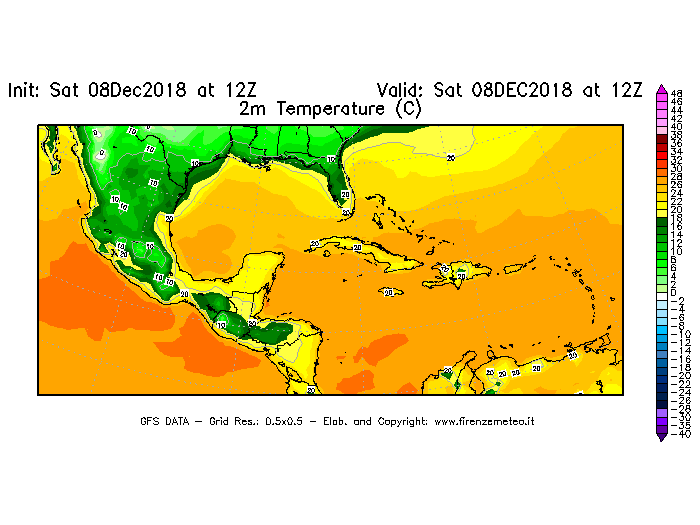 Mappa di analisi GFS - Temperatura a 2 metri dal suolo [°C] in Centro-America
							del 08/12/2018 12 <!--googleoff: index-->UTC<!--googleon: index-->