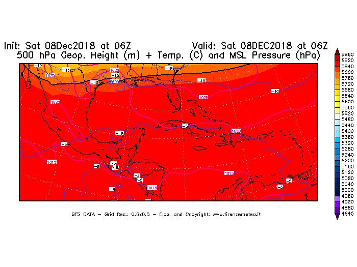 Mappa di analisi GFS - Geopotenziale [m] + Temp. [°C] a 500 hPa + Press. a livello del mare [hPa] in Centro-America
									del 08/12/2018 06 <!--googleoff: index-->UTC<!--googleon: index-->