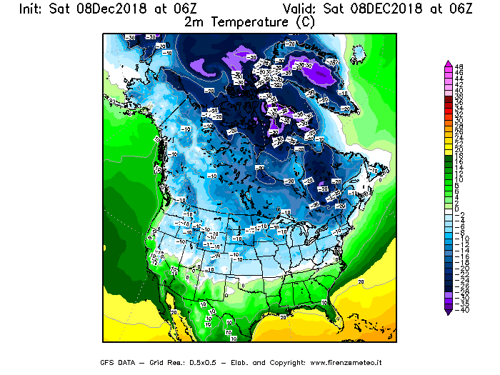 Mappa di analisi GFS - Temperatura a 2 metri dal suolo [°C] in Nord-America
							del 08/12/2018 06 <!--googleoff: index-->UTC<!--googleon: index-->
