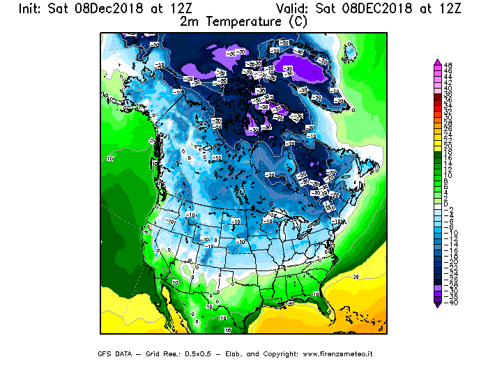 Mappa di analisi GFS - Temperatura a 2 metri dal suolo [°C] in Nord-America
							del 08/12/2018 12 <!--googleoff: index-->UTC<!--googleon: index-->