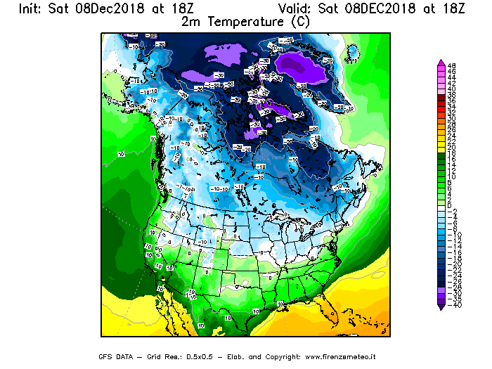 Mappa di analisi GFS - Temperatura a 2 metri dal suolo [°C] in Nord-America
									del 08/12/2018 18 <!--googleoff: index-->UTC<!--googleon: index-->