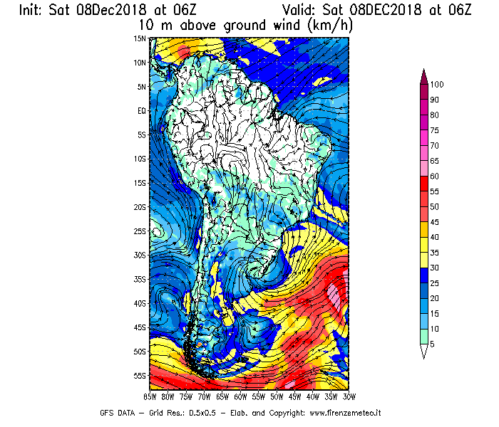 Mappa di analisi GFS - Velocità del vento a 10 metri dal suolo [km/h] in Sud-America
									del 08/12/2018 06 <!--googleoff: index-->UTC<!--googleon: index-->
