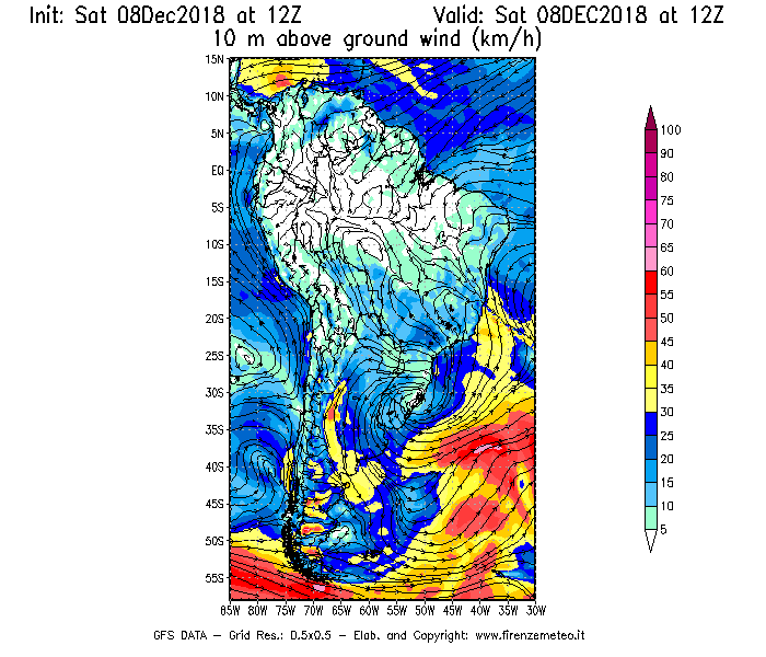 Mappa di analisi GFS - Velocità del vento a 10 metri dal suolo [km/h] in Sud-America
							del 08/12/2018 12 <!--googleoff: index-->UTC<!--googleon: index-->