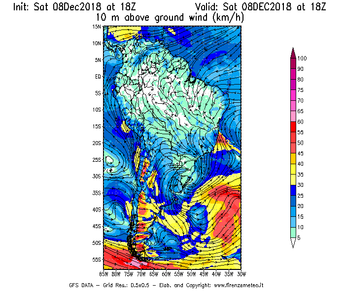 Mappa di analisi GFS - Velocità del vento a 10 metri dal suolo [km/h] in Sud-America
									del 08/12/2018 18 <!--googleoff: index-->UTC<!--googleon: index-->