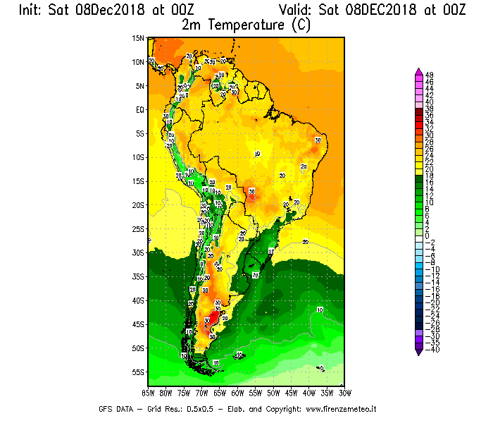 Mappa di analisi GFS - Temperatura a 2 metri dal suolo [°C] in Sud-America
							del 08/12/2018 00 <!--googleoff: index-->UTC<!--googleon: index-->