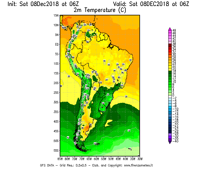 Mappa di analisi GFS - Temperatura a 2 metri dal suolo [°C] in Sud-America
							del 08/12/2018 06 <!--googleoff: index-->UTC<!--googleon: index-->