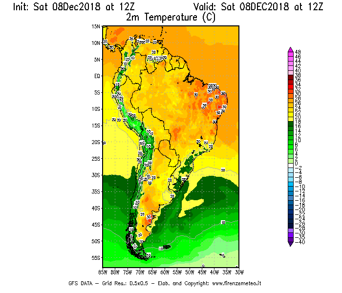Mappa di analisi GFS - Temperatura a 2 metri dal suolo [°C] in Sud-America
									del 08/12/2018 12 <!--googleoff: index-->UTC<!--googleon: index-->