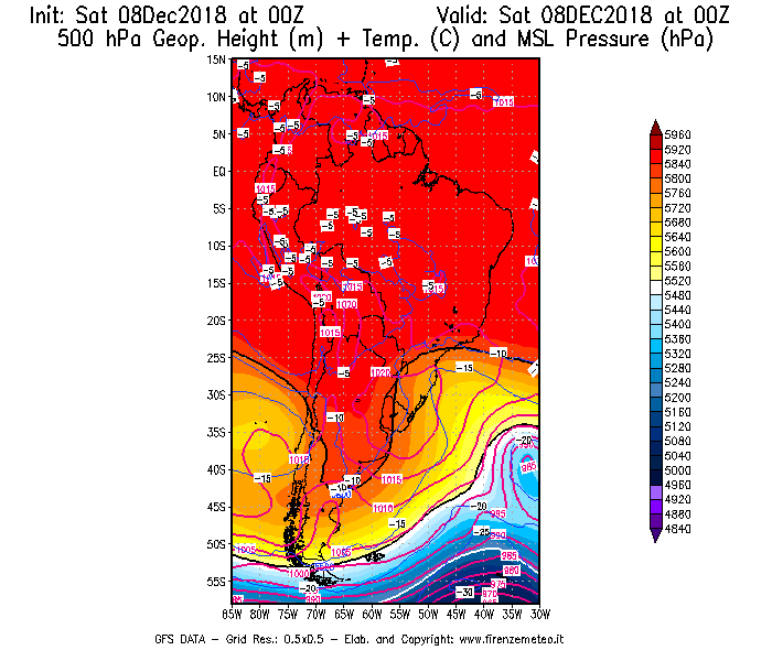 Mappa di analisi GFS - Geopotenziale [m] + Temp. [°C] a 500 hPa + Press. a livello del mare [hPa] in Sud-America
							del 08/12/2018 00 <!--googleoff: index-->UTC<!--googleon: index-->