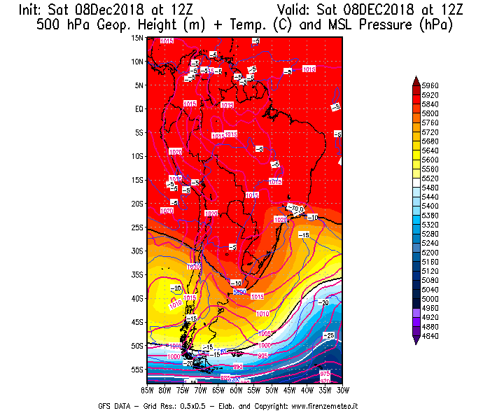 Mappa di analisi GFS - Geopotenziale [m] + Temp. [°C] a 500 hPa + Press. a livello del mare [hPa] in Sud-America
									del 08/12/2018 12 <!--googleoff: index-->UTC<!--googleon: index-->