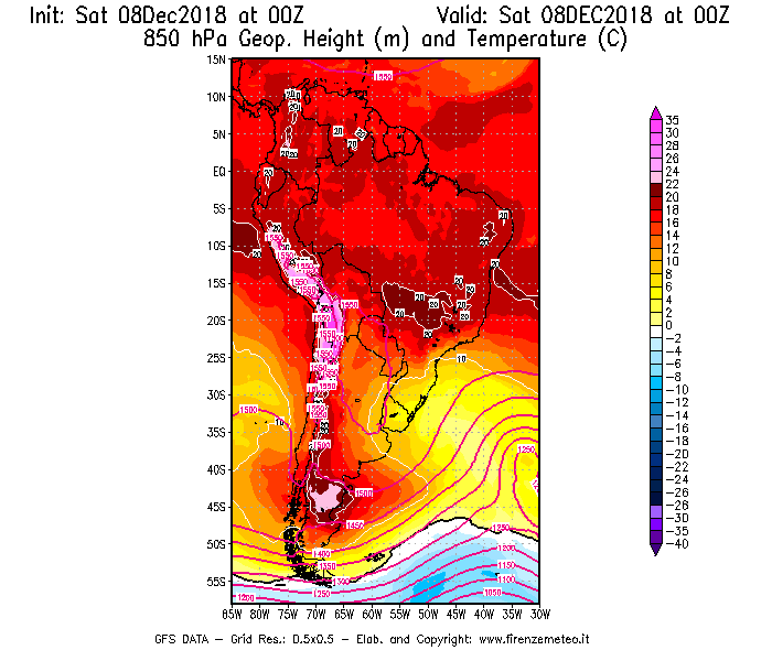 Mappa di analisi GFS - Geopotenziale [m] e Temperatura [°C] a 850 hPa in Sud-America
							del 08/12/2018 00 <!--googleoff: index-->UTC<!--googleon: index-->
