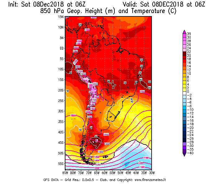 Mappa di analisi GFS - Geopotenziale [m] e Temperatura [°C] a 850 hPa in Sud-America
							del 08/12/2018 06 <!--googleoff: index-->UTC<!--googleon: index-->