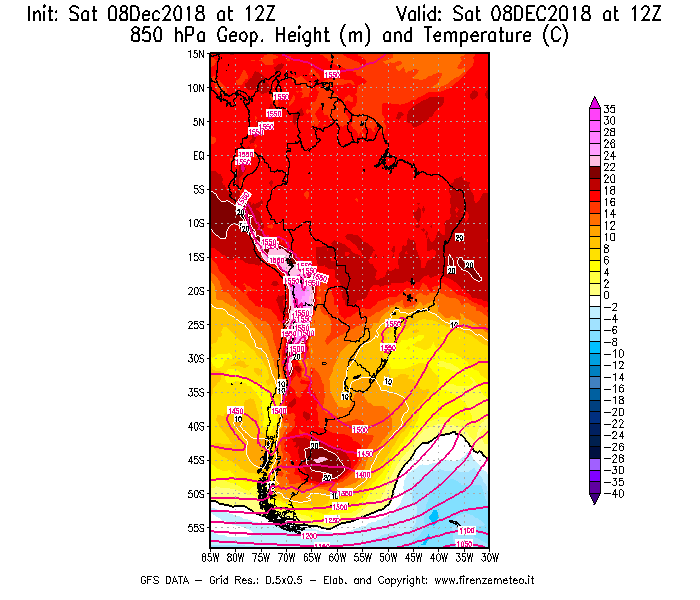 Mappa di analisi GFS - Geopotenziale [m] e Temperatura [°C] a 850 hPa in Sud-America
							del 08/12/2018 12 <!--googleoff: index-->UTC<!--googleon: index-->