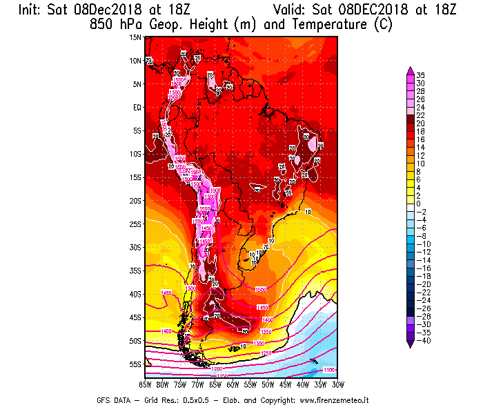 Mappa di analisi GFS - Geopotenziale [m] e Temperatura [°C] a 850 hPa in Sud-America
									del 08/12/2018 18 <!--googleoff: index-->UTC<!--googleon: index-->