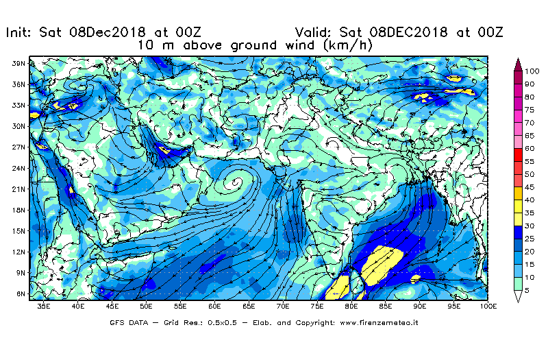 Mappa di analisi GFS - Velocità del vento a 10 metri dal suolo [km/h] in Asia Sud-Occidentale
									del 08/12/2018 00 <!--googleoff: index-->UTC<!--googleon: index-->
