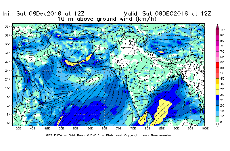 Mappa di analisi GFS - Velocità del vento a 10 metri dal suolo [km/h] in Asia Sud-Occidentale
									del 08/12/2018 12 <!--googleoff: index-->UTC<!--googleon: index-->