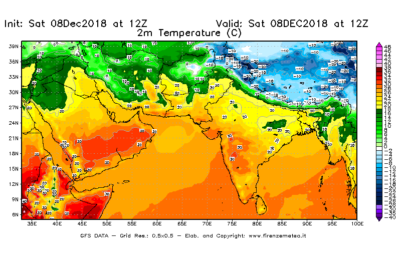 Mappa di analisi GFS - Temperatura a 2 metri dal suolo [°C] in Asia Sud-Occidentale
									del 08/12/2018 12 <!--googleoff: index-->UTC<!--googleon: index-->