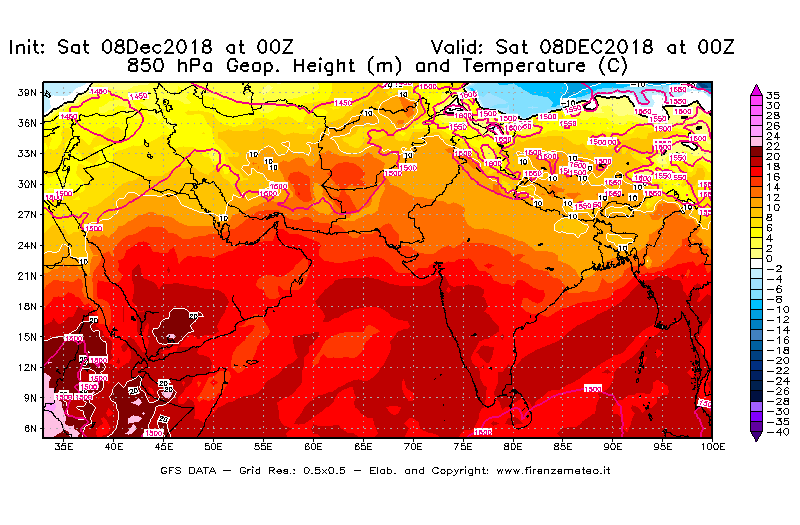 Mappa di analisi GFS - Geopotenziale [m] e Temperatura [°C] a 850 hPa in Asia Sud-Occidentale
							del 08/12/2018 00 <!--googleoff: index-->UTC<!--googleon: index-->