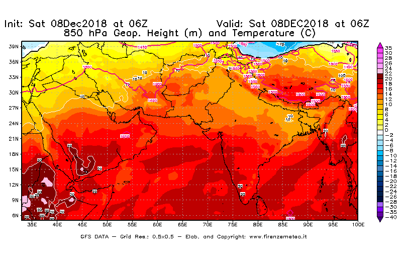 Mappa di analisi GFS - Geopotenziale [m] e Temperatura [°C] a 850 hPa in Asia Sud-Occidentale
									del 08/12/2018 06 <!--googleoff: index-->UTC<!--googleon: index-->