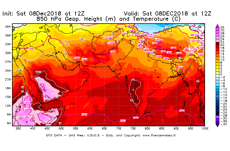 Mappa di analisi GFS - Geopotenziale [m] e Temperatura [°C] a 850 hPa in Asia Sud-Occidentale
									del 08/12/2018 12 <!--googleoff: index-->UTC<!--googleon: index-->