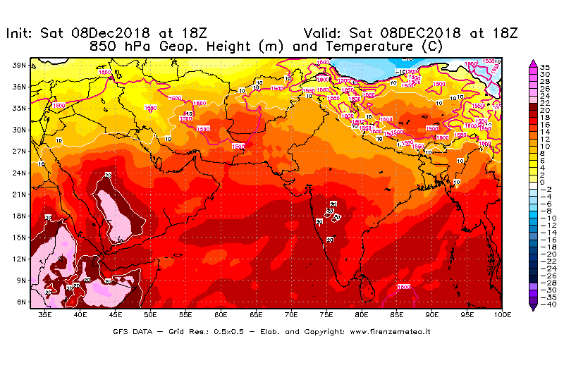 Mappa di analisi GFS - Geopotenziale [m] e Temperatura [°C] a 850 hPa in Asia Sud-Occidentale
							del 08/12/2018 18 <!--googleoff: index-->UTC<!--googleon: index-->