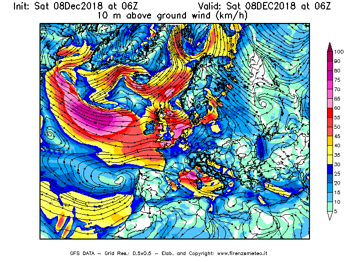 Mappa di analisi GFS - Velocità del vento a 10 metri dal suolo [km/h] in Europa
							del 08/12/2018 06 <!--googleoff: index-->UTC<!--googleon: index-->