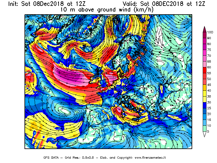 Mappa di analisi GFS - Velocità del vento a 10 metri dal suolo [km/h] in Europa
							del 08/12/2018 12 <!--googleoff: index-->UTC<!--googleon: index-->
