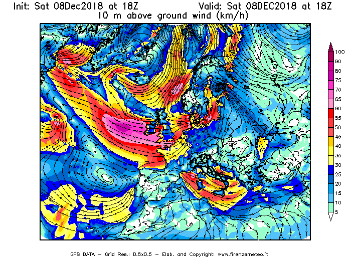 Mappa di analisi GFS - Velocità del vento a 10 metri dal suolo [km/h] in Europa
							del 08/12/2018 18 <!--googleoff: index-->UTC<!--googleon: index-->