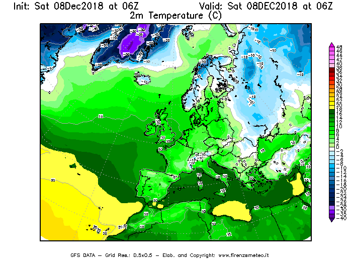 Mappa di analisi GFS - Temperatura a 2 metri dal suolo [°C] in Europa
							del 08/12/2018 06 <!--googleoff: index-->UTC<!--googleon: index-->