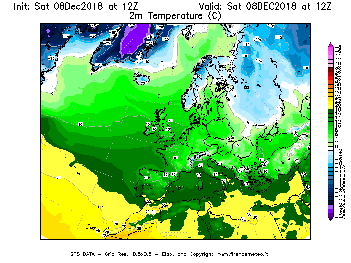 Mappa di analisi GFS - Temperatura a 2 metri dal suolo [°C] in Europa
							del 08/12/2018 12 <!--googleoff: index-->UTC<!--googleon: index-->