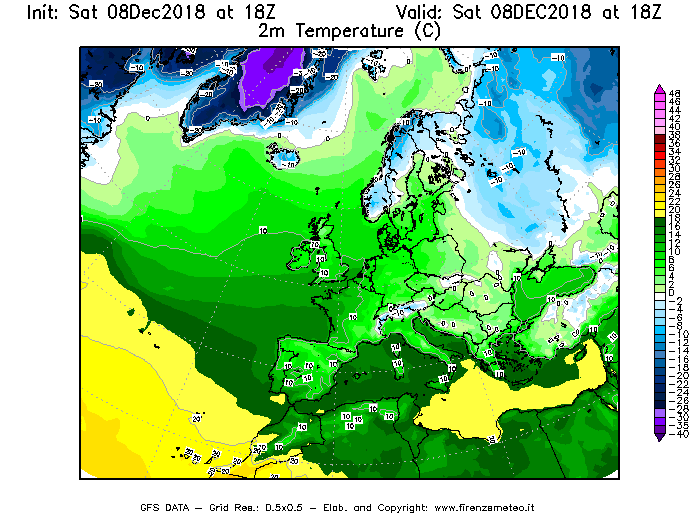 Mappa di analisi GFS - Temperatura a 2 metri dal suolo [°C] in Europa
									del 08/12/2018 18 <!--googleoff: index-->UTC<!--googleon: index-->