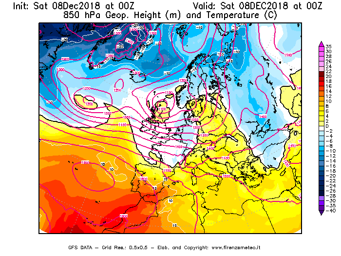Mappa di analisi GFS - Geopotenziale [m] e Temperatura [°C] a 850 hPa in Europa
							del 08/12/2018 00 <!--googleoff: index-->UTC<!--googleon: index-->