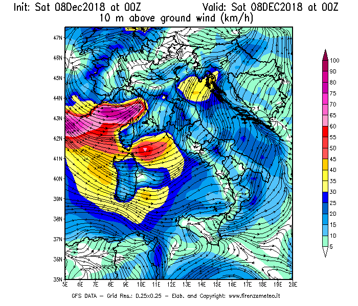 Mappa di analisi GFS - Velocità del vento a 10 metri dal suolo [km/h] in Italia
							del 08/12/2018 00 <!--googleoff: index-->UTC<!--googleon: index-->
