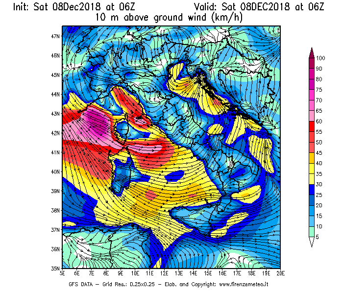 Mappa di analisi GFS - Velocità del vento a 10 metri dal suolo [km/h] in Italia
							del 08/12/2018 06 <!--googleoff: index-->UTC<!--googleon: index-->