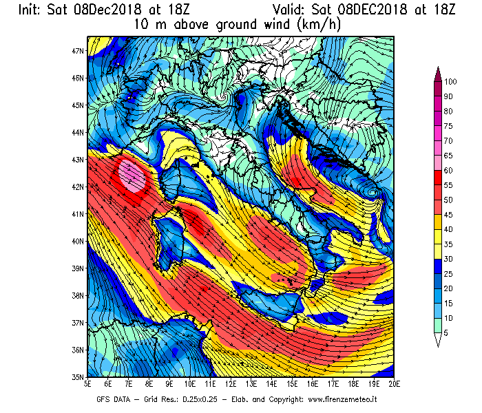 Mappa di analisi GFS - Velocità del vento a 10 metri dal suolo [km/h] in Italia
									del 08/12/2018 18 <!--googleoff: index-->UTC<!--googleon: index-->