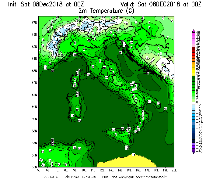 Mappa di analisi GFS - Temperatura a 2 metri dal suolo [°C] in Italia
							del 08/12/2018 00 <!--googleoff: index-->UTC<!--googleon: index-->