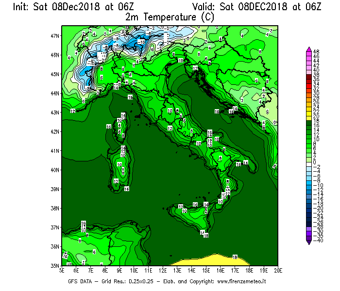 Mappa di analisi GFS - Temperatura a 2 metri dal suolo [°C] in Italia
							del 08/12/2018 06 <!--googleoff: index-->UTC<!--googleon: index-->