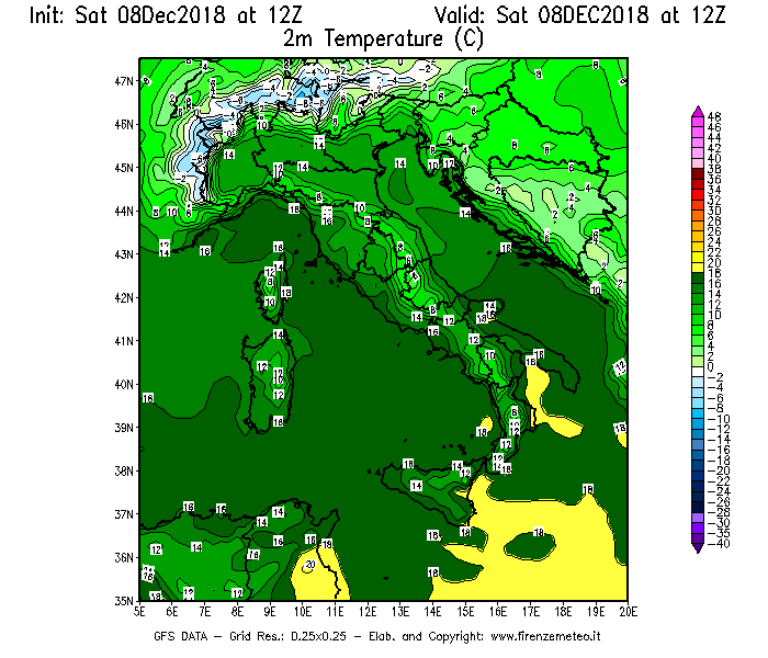 Mappa di analisi GFS - Temperatura a 2 metri dal suolo [°C] in Italia
							del 08/12/2018 12 <!--googleoff: index-->UTC<!--googleon: index-->