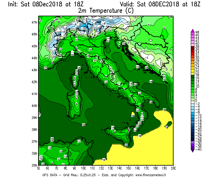 Mappa di analisi GFS - Temperatura a 2 metri dal suolo [°C] in Italia
							del 08/12/2018 18 <!--googleoff: index-->UTC<!--googleon: index-->