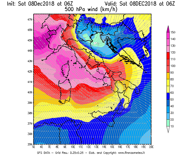 Mappa di analisi GFS - Velocità del vento a 500 hPa [km/h] in Italia
									del 08/12/2018 06 <!--googleoff: index-->UTC<!--googleon: index-->
