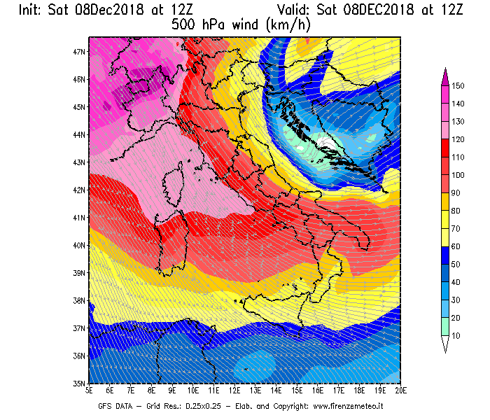 Mappa di analisi GFS - Velocità del vento a 500 hPa [km/h] in Italia
							del 08/12/2018 12 <!--googleoff: index-->UTC<!--googleon: index-->