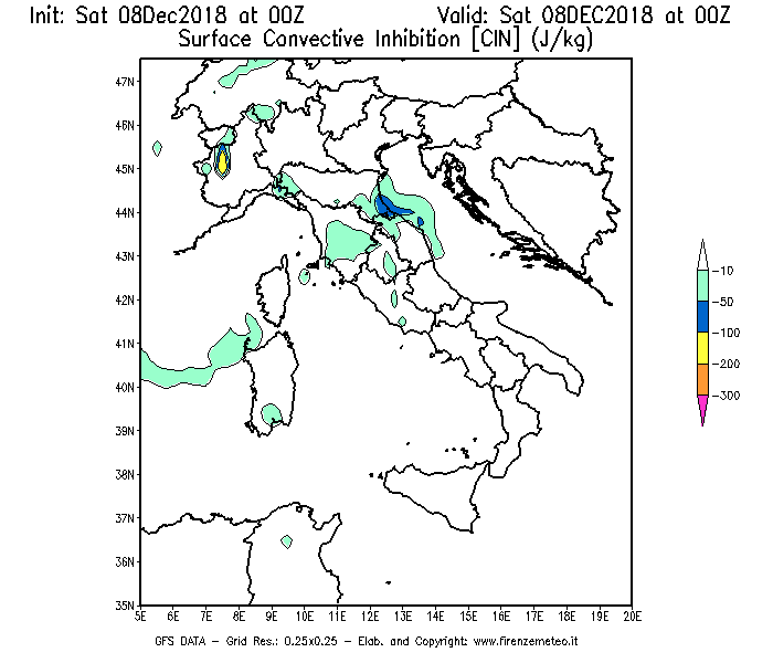 Mappa di analisi GFS - CIN [J/kg] in Italia
							del 08/12/2018 00 <!--googleoff: index-->UTC<!--googleon: index-->