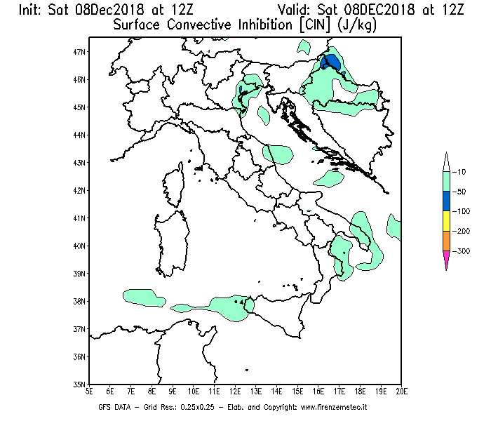 Mappa di analisi GFS - CIN [J/kg] in Italia
							del 08/12/2018 12 <!--googleoff: index-->UTC<!--googleon: index-->